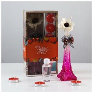 Набор подарочный "Эйфелева башня"ваза, палочки с декором, свечи, аромамасло) клубника, Новый год