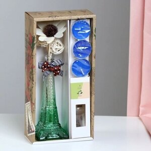 Набор подарочный "Эйфелева башня"ваза, палочки с декором, свечи, аромамасло), жасмин