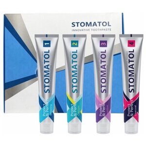 Набор зубных паст STOMATOL в коробке 4 шт по 100 гр (Whitening , Calcium, Sensitive , Charcoal без фтора)