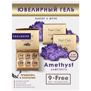 Nail Club professional Набор гель-красок для ногтей на витражных основах с блёстками и пайетками AMETHYST BRILLIANT, 6 шт. по 5 мл.