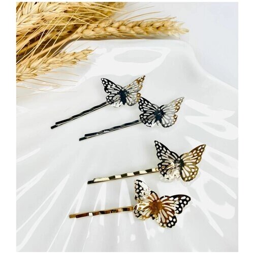 Невидимки для волос детские женские декоративные серебристые бабочки, декоративные невидики бабочки, золотые и серебристые, 4шт