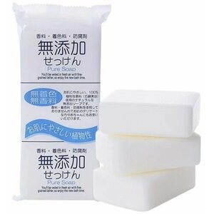 Nihon Натуральное кусковое мыло без добавок для всей семьи "No added pure soap"кусок 100 г х 3 шт.)