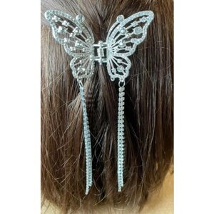 Новинка 2023! Блестящий краб-бабочка для волос с кисточками из страз. цвет Серебро