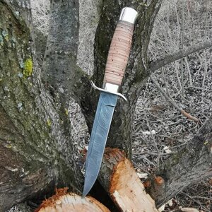Нож разведчика "НР-40" классический из дамасской стали с литьём из мельхиора, рукоять наборная береста