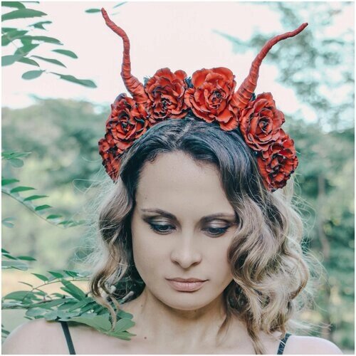 Ободок для волос женский для фотосессии, маскарада, фестиваля, Хеллоуина Корона с цветами и рогами Корона демона Дьявольские рога Фотореквизит