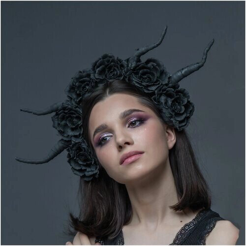 Ободок для волос женский Готический ободок для фотосессии, маскарада, фестиваля с черными цветами рогами Корона демона Дьявольские рога Фотореквизит