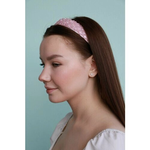 Ободок для волос женский на голову блестящие бусины розовый