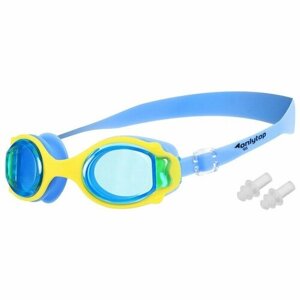 Очки для плавания ONLYTOP детские, с берушами, голубые с желтой оправой (2200)