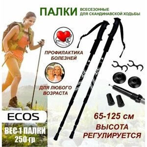 Палки для скандинавской ходьбы всесезонные ECOS Nordic Walking sticks алюминиевые, телескопические с ремешком, 3 секции, черные
