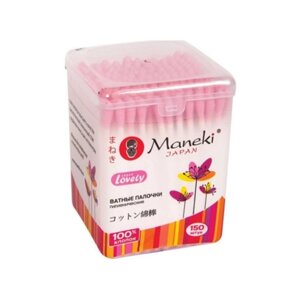 Палочки ватные Maneki Lovely с розовым стиком в пластиковой коробке, 150 шт