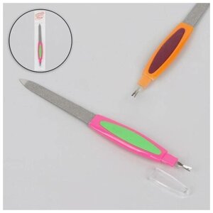 Пилка-триммер металлическая для ногтей, прорезиненная ручка, с защитным колпачком, 16 см, цвет микс