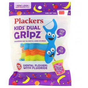 Plackers Детские зубочистки Kid's Dual Gripz с нитью (с фтором, фруктовый смузи) 75 шт.