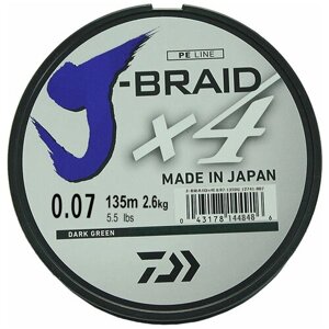 Плетеный шнур DAIWA J-Braid X4 d=0.07 мм, 135 м, 2.6 кг, dark green, 1 шт.