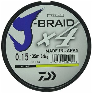 Плетеный шнур DAIWA J-Braid X4 d=0.15 мм, 135 м, 6.9 кг, yellow, 1 шт.