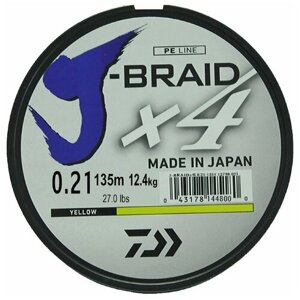 Плетеный шнур DAIWA J-Braid X4 d=0.21 мм, 135 м, 12.4 кг, yellow, 1 шт.