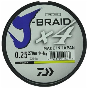 Плетеный шнур DAIWA J-Braid X4 d=0.25 мм, 270 м, 14.4 кг, yellow, 1 шт.