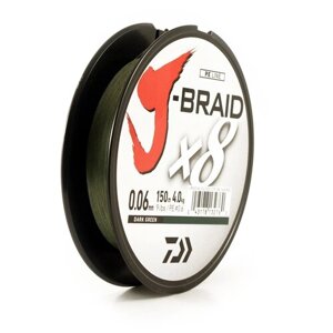 Плетеный шнур DAIWA J-Braid X8 d=0.06 мм, 150 м, 4 кг, темно-зеленый, 1 шт.