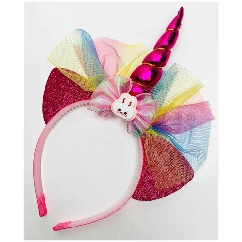 Праздничный Ободок для волос детский с ушками радужным единорог, розовый блестящий, ободок карновальный единорожка розовый с фатином