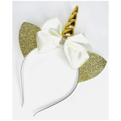 Праздничный Ободок для волос детский с ушками радужный единорог, золотой блестящий, ободок карнавальный единорожка золотой с бантом бантиком