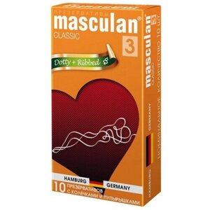 Презервативы Masculan Classic 3 Dotty+Ribbed с колечками и пупырышками - 10 шт. 19 см цвет не указан