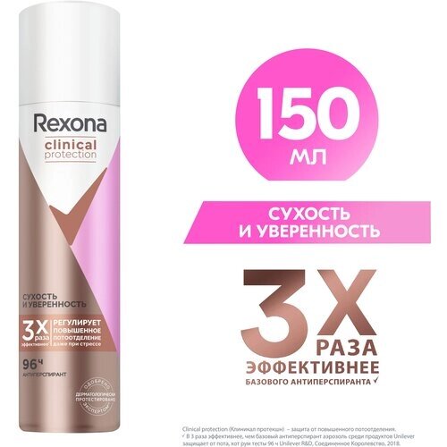 Rexona Clinical Protection антиперспирант-спрей женский Сухость и Уверенность, защита 96 часов, 150 мл