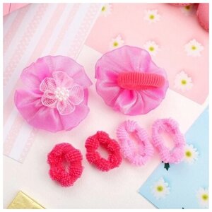Резинка для волос "Кружево"набор 6 шт) объемный цветок, розовый