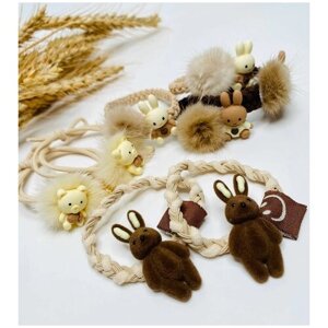 Резинки для волос комплект. Набор резинка для волос детская кролики, зайчики, символ 2023 года, коричневые, бежевые, 8шт