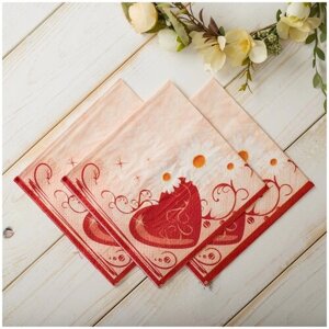 Розовые бумажные салфетки с рисунком "Ромашки и сердечко" для пикника и сервировки свадебного банкета, 3 пачки