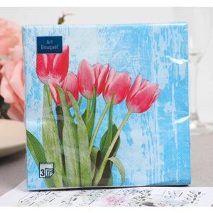 Салфетки бумажные "Art Bouquet" Красные тюльпаны на голубом, 3 слоя, 33x33, 20 листов