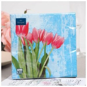 Салфетки бумажные "Art Bouquet" Красные тюльпаны на голубом, 3 слоя,33x33, 20 листов