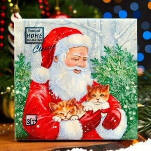 Салфетки бумажные Дед Мороз и котята, 3 слоя, 33х33, 20 шт.