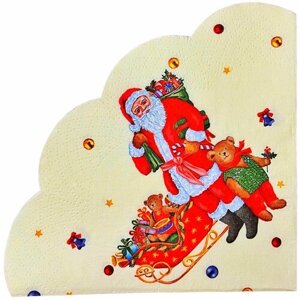 Салфетки бумажные новогодние "Дед Мороз с подарками", декоративные / сервировочные / праздничные, 12 листов, 32 см, 3 слоя