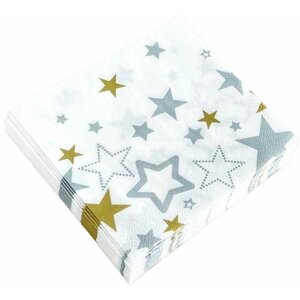 Салфетки бумажные новогодние " Новогодние звезды на белом " сервировочные, 20 листов, 33 х 33 см, 3 слоя