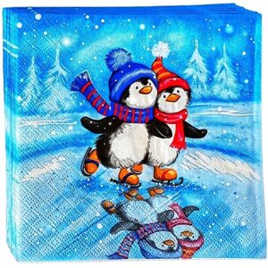 Салфетки бумажные новогодние сервировочные "Пингвины на катке" , декоративные / декупаж, 20 листов