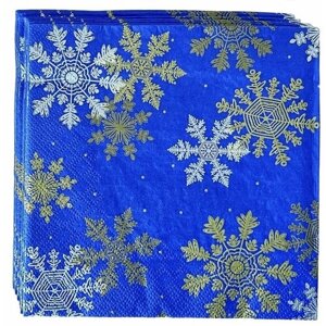 Салфетки бумажные новогодние "Снежинки на синем ", декоративные / декупаж, 20 листов, 33 х 33 см, 3 слоя
