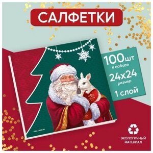 Салфетки бумажные однослойные «Дед Мороз» 2424 см набор 100 штук