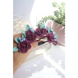 Шпильки для волос с цветами ручной работы (роза, черника) NANIMI