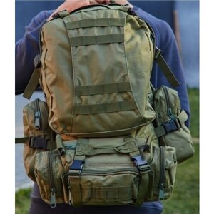 Штурмовой тактический военный рюкзак 55 литров со съёмными подсумками и ситемой Mолле из водонепроницаемой ткани цвет зелёный