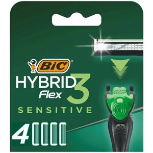 Сменные кассеты для бритья BIC Hybrid 3 Flex Sensitive, подвижные нанотехнологичные лезвия с увлажняющей полоской, уп. 4шт