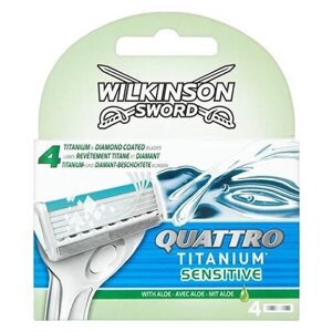 Сменные кассеты wilkinson SWORD schick quattro titanium sensitive (4 сменные кассеты), 4-лезв. лезвие-триммер, увл. полоска