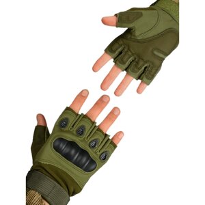 Тактические перчатки спортивные милитари для страйкбола, автоспорта, велоспорта, армии армейские без пальцев зеленый, размер M
