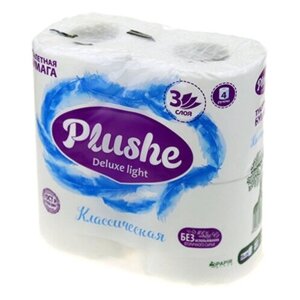Туалетная бумага 3-слойная "Plushe Delux Light Классическая" 15м, 4 рулона, белый (Россия)