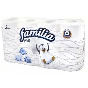 Туалетная бумага "Familia Plus", белая, 2 слоя, 8 рулонов