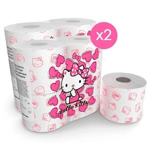 Туалетная бумага "Hello Kitty" с рисунком, 3 слоя, 4 рулона 200 листов 2 упаковки, World Cart