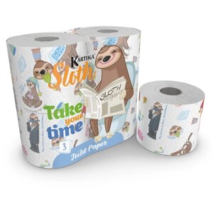 Туалетная бумага "Ленивец" с рисунком, Kartika Collection, 3 сл, 4 рул/280 л, World Cart