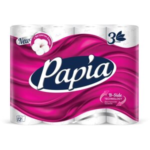 Туалетная бумага Papia белая трехслойная, 2 уп. 12 рул., белый, без запаха