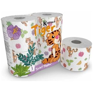 Туалетная бумага "Тигр" с рисунком, Kartika Collection, 3 сл, 4 рул/200 л, World Cart