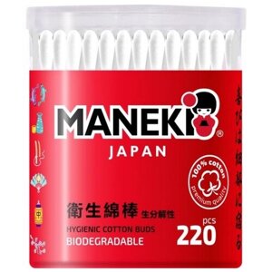 Ватные палочки Maneki Red с белым бумажным стиком, белый, 220 шт., контейнер