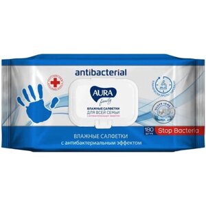 Влажные салфетки 180 шт. антибактериальные универсальные с крышкой для всей семьи, AURA FAMILY