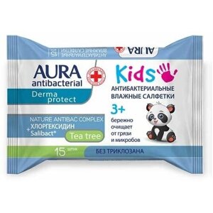 Влажные салфетки детские Aura antibacterial kids антибактериальные 3+15 шт, 10 упаковок